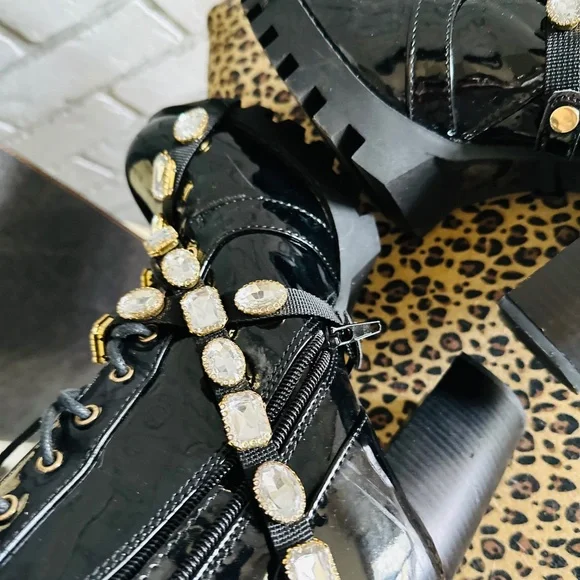 Wild Diva Black Patent Leather Gemstone Boots - Picture 11 of 16